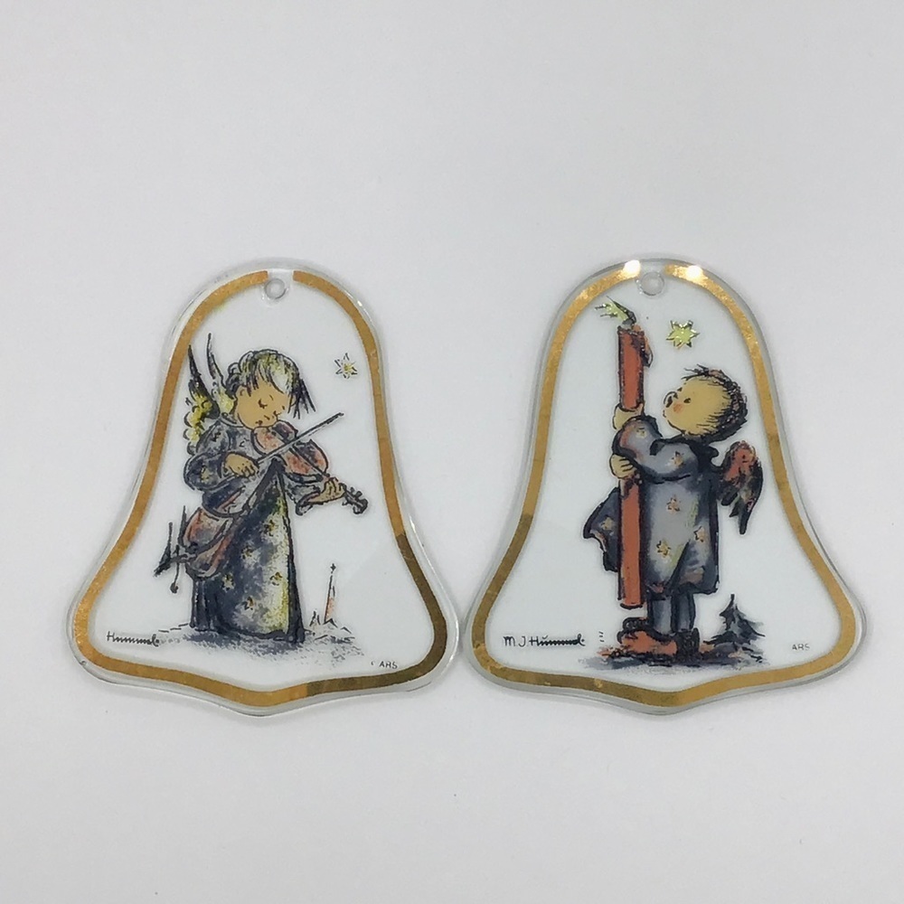 HUMMEL Set of 2 Angel Glass Bell Shaped Ornaments Violin Germany Clear Gold Edge